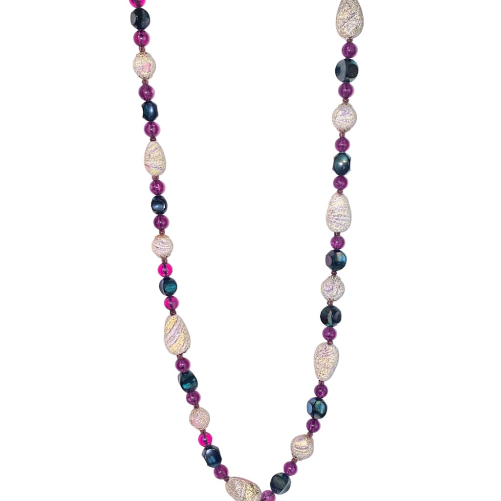 Vintage Purple Swirl Glass Sugar Bead & Lucite Bead Single Strand Necklace